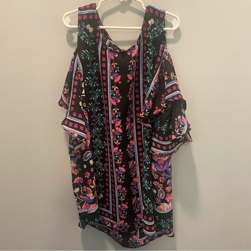 Floral Cold Shoulder Blouse - Black and Pink